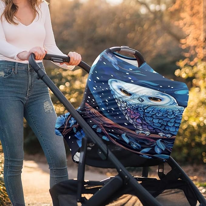 Forchrinse Blue Owl Moon Sky Print Baby Car Seat Canopy,3D Animal Print Nursing Breastfeeding Scarf for/Shopping Cart/High Chair/Stroller Cover