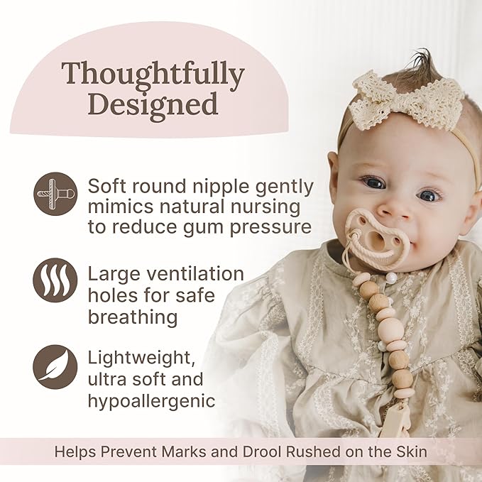 Round Silicone Pacifiers (Set of 2) – 100% Food-Grade, One-Piece Design, Soft Round Nipple, Airflow Shield, Multi-Use Pacifier & Soother for Newborns and Infants 0+ Months - Beige/Hazel - Mila & Lulu