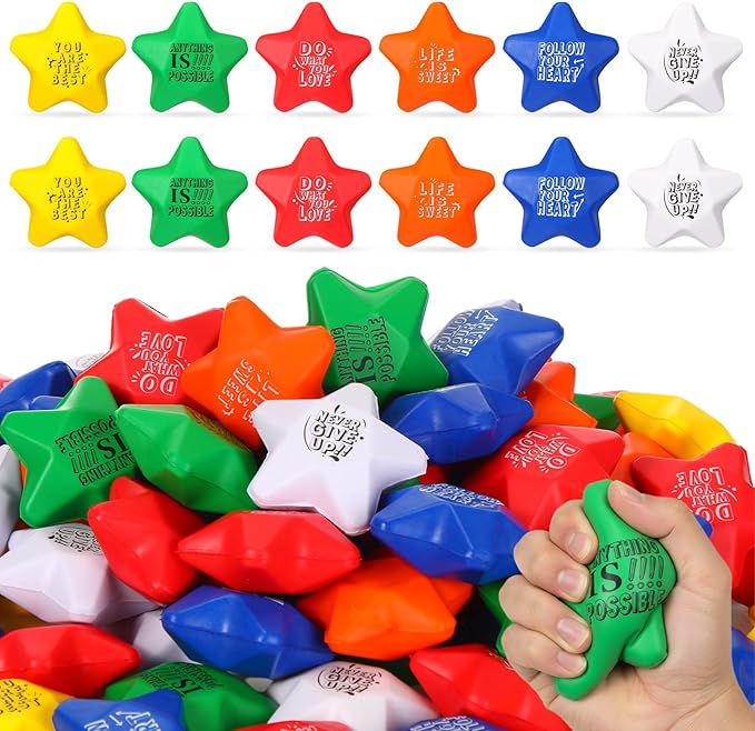 Leyndo 200 Pcs Star Stress Balls for Adults & Kids Bulk Motivational Quotes Stress Relief Colorful Foam Squeeze Balls Relief at Work/School/Home, Perfect Party Favors