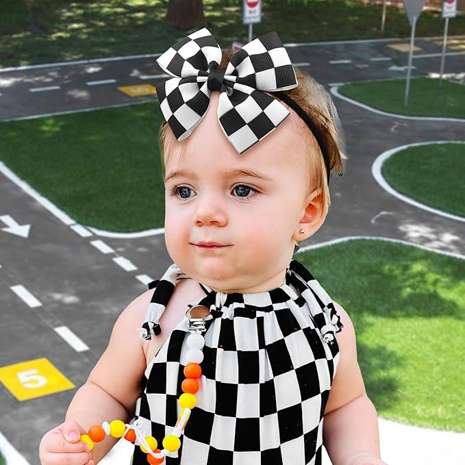 Black Hair Bows for Girls Racing Checkered Baby Bow Checkered Flag White Bow Elastic Nylon Headband for Infant Toddler Newborn Hair Accessories Gift