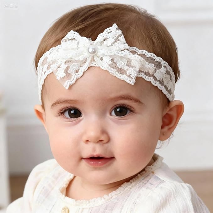 Baby Girls Hairbands bows Headband Stretchy Soft Flower Hairband Toddler Handmade Headbands with Pearls Elastic Headband for Infant Toddler Girl Hair Accessories (Pearl Lace Bow, Elastic)