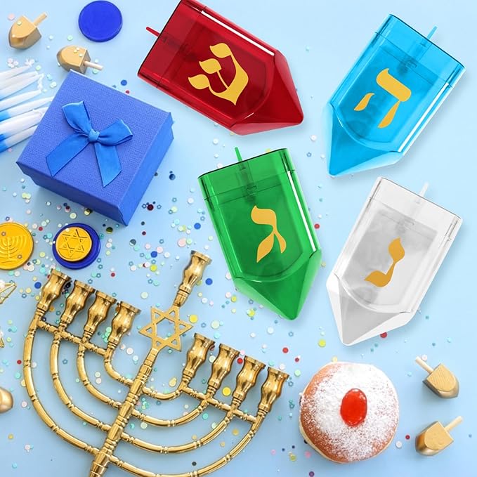 Large Fillable Dreidels for Hanukkah, Pack of 4 Plastic Dreidels Bulk, Assorted Colors Large Dreidels That Bring Joy and Tradition to Every Celebration
