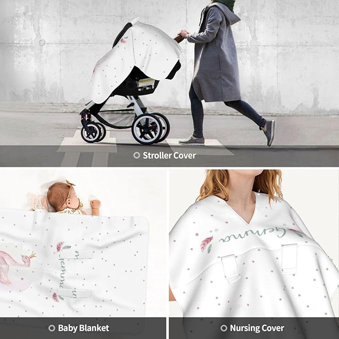 Custom Baby Car Seat Canopy with Name, Personalized Stroller Baby Car Seat Covers for Girls, Minky Nursing Carseat Cover for Breastfeeding, Car Seat Canopies for Infant Newborn(Crown Swan)