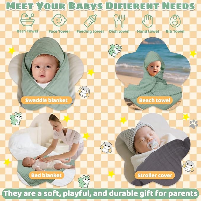 Flasoo 6 Pcs Muslin Hooded Baby Bath Towels Sets - 2 Pack 100% Cotton Baby Towel & 4 Pack Muslin Washclothes- 32x32Inch Baby Towels Cotton for Babies, Infants, Toddlers, 100% Cotton, Bath Essentials