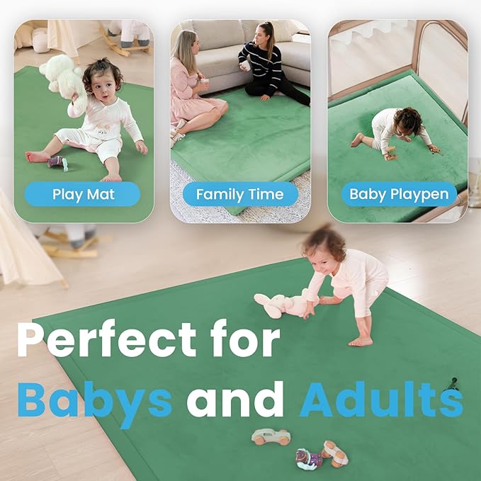1.3" Thick Baby Play Mat for Floor, 79x79 Large Foam Tummy Time Mat, Padded Support Soft Plush Nursery Rug for Infant Kids Toddler Crawling Kick Activity (Emerald)