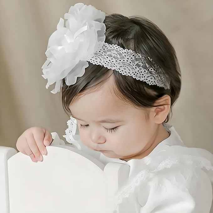 Baby Girls Flower Headbands Cute Kids Christening Headband Soft Lace Hairbands Floral Crown Newborn Infant Toddlers Hair Accessories for Birthday Party Photography(Beige Flowers)