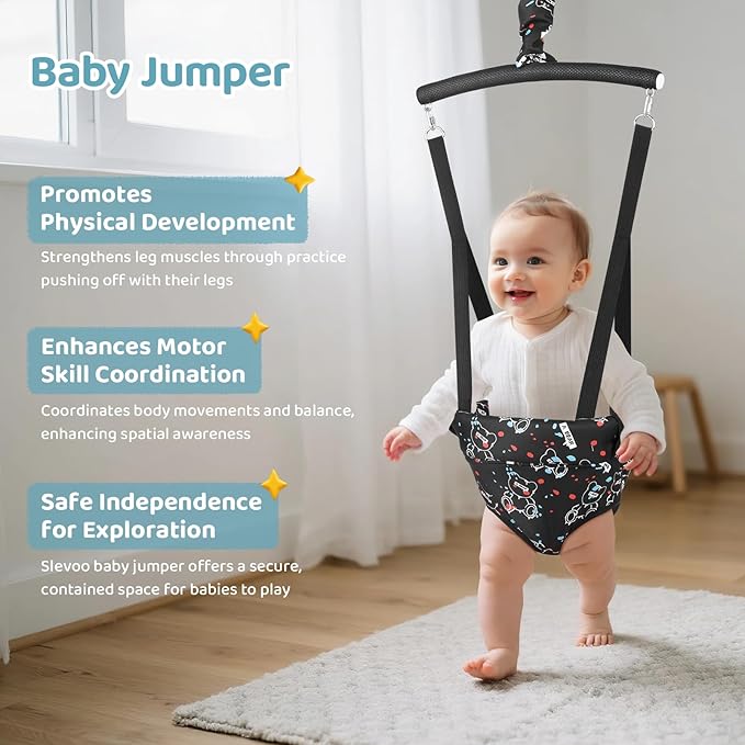 Slevoo Baby Jumper, with Ceiling Hook, Quick-Entry and Space-Saving Portable Infant Jumper for Small Spaces, Quiet Bear
