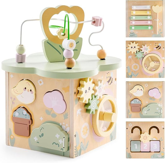 ROBUD Wooden Activity Cube, Educational Wooden Toys with 7 Functional Areas, Montessori Toys for 1+ Year Old Boys & Girls, Flower Bush Theme