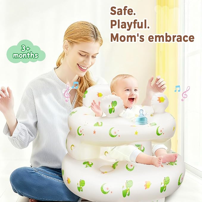 Inflatable Baby Seat for Babies 3-36 Months，[Squeaky Sound & Anti-Fall Design] Inflatable Chair with Sound-Making Ears, Baby Seat for Sitting-Up Practice, Built-in Air Pump (Ear Dinosaur)