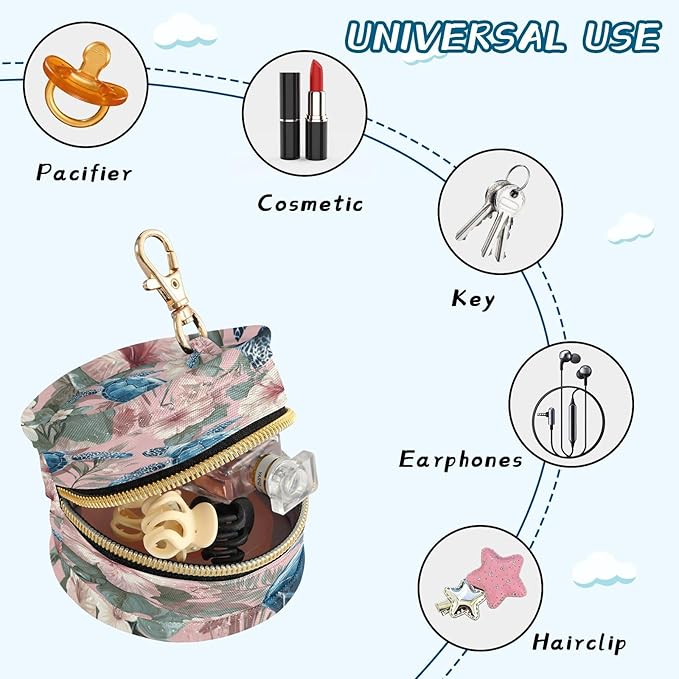 Pacifier Holder with Clip Pacifier Case for Diaper Bag Round Baby Pacifier Pouch Box Bag Portable Sea Turtles and Pink Hibiscus