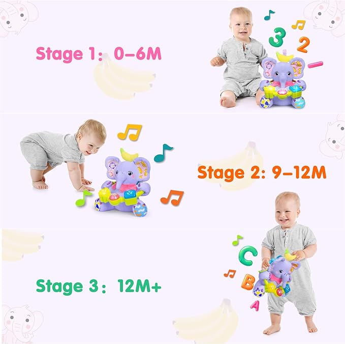 Ryotagift Baby Bilingual Musical Elephant Stuffed Animals Toys,Infant Early Learning Toy with Light-Up Music & Crinkle,Tummy Time Toys for 0 3 6 9 12+ Months for Baby Boy Girl Gift,Purple