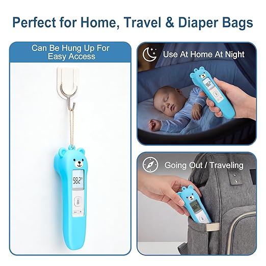 Cute Bear Silicone Thermometer Case Compatible with GoodBaby No-Touch Thermometer, Soft Anti-Drop Protective Cartoon Animal Cover Helps Calm Babies During Temperature Checks - Blue