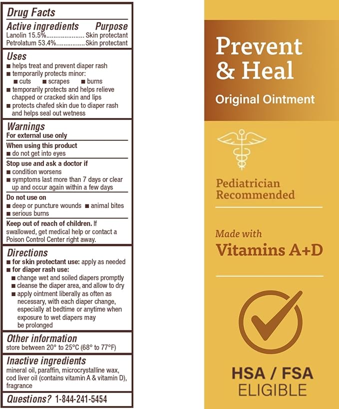 A+D Original Diaper Rash Ointment, Baby Skin Protectant with Lanolin and Petrolatum, Seals Out Wetness, Helps Prevent Diaper Rash, 1.5 Ounce Tube, Packaging May Vary