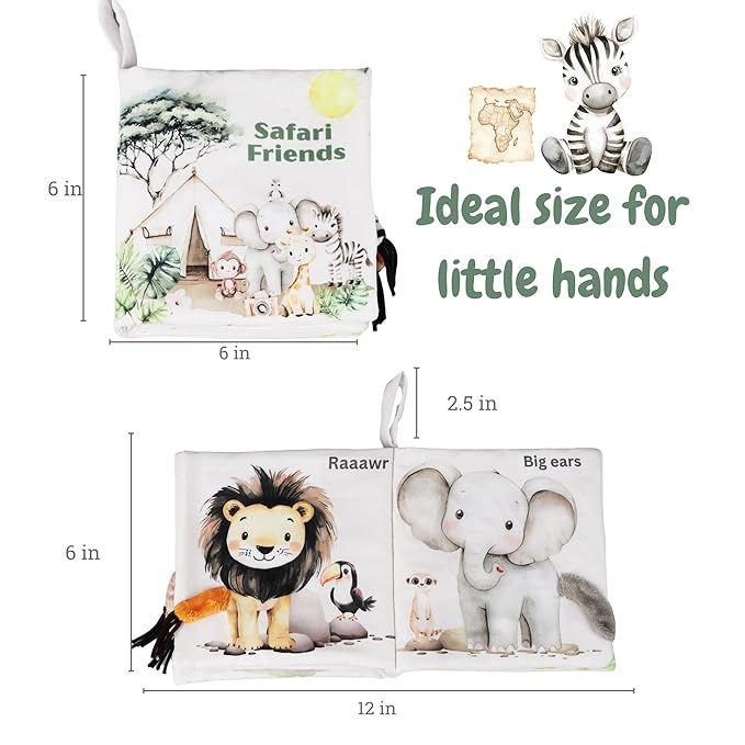 Ali+Oli Baby Cloth Book – Soft Sensory Crinkle Book with Textured Tails for Infants 0-12 Months – Early Learning Touch & Feel Tummy Time Toy – Newborn Shower Gift - Safari Friends