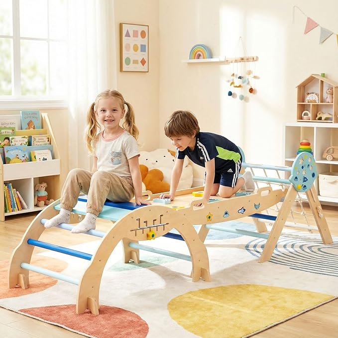 Olakids Pikler Triangle Set, 13 in 1 Astronaut Theme Foldable Wooden Montessori Toddler Climbing Toys Indoor with Cushion Ramp Arch Ladder Net