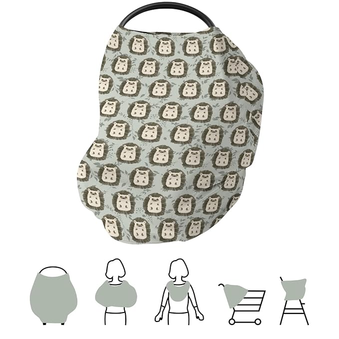 Watercolor Hedgehog Green Leaves Baby Car Seat Covers Cute Hedgehogs Stretchy 5-in-1 Cover Adjustable Infant Carseat Canopy Cover Spring Animals Breathable Nursing Cover-Up