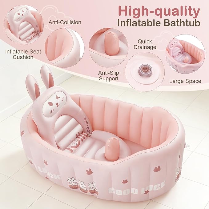 Inflatable Baby Bathtub with Seat Cushion & Air Pump, Newborn to Toddler Bath Tub, Foldable Portable Toddler Tub for Shower Sink, Non-Slip Texture, Quick-Drain, Travel-Ready, Pink