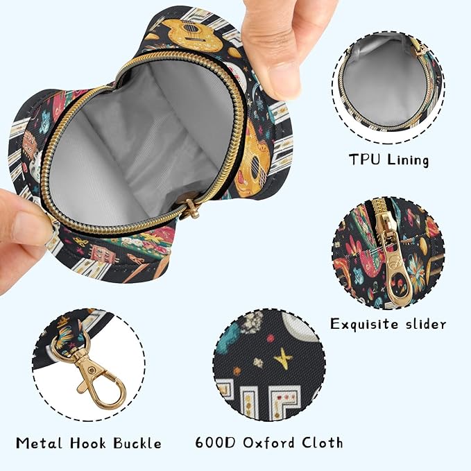 Pacifier Holder with Clip Pacifier Case for Diaper Bag Round Baby Pacifier Pouch Box Bag Portable Black Fiesta Guitars Skulls Hats