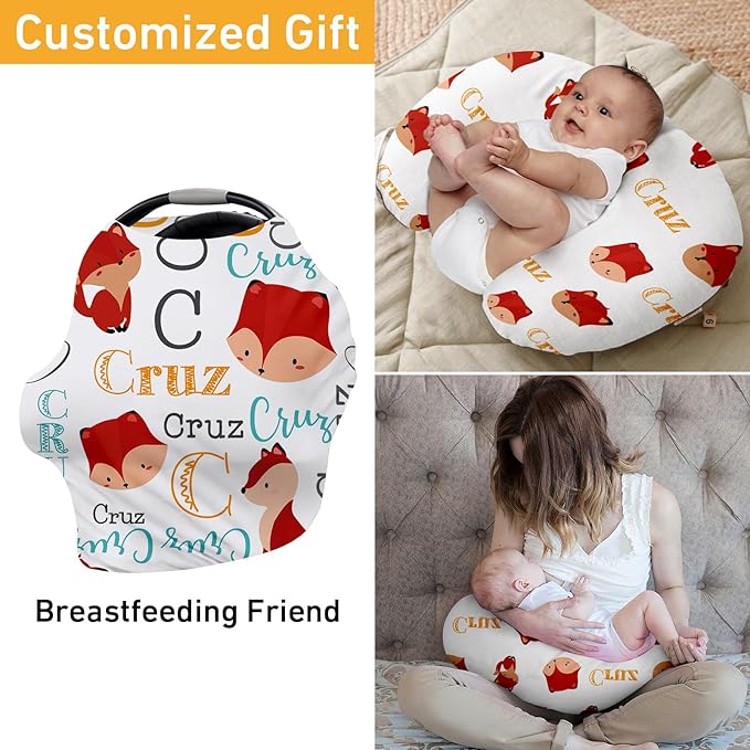 Personalised 7 in 1 Car Seat Cover for Girls and Boys - Multipurpose Breast Feeding Red Fox Print Cover, Nursing Cover, Grocery Cart Cover and High Chair Cover - Birthday Gift for Babies(27"x29")