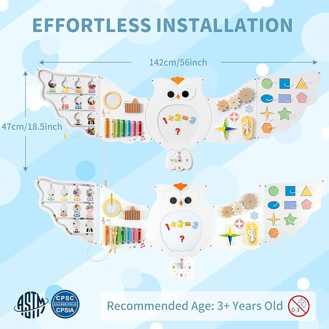 HONEY JOY Owl Activity Wall Busy Board Panels, Wooden Sensory Wall Panel for Kids, Toddler Learning Activity Center, Ideal for Playroom Daycare Nursery Classroom Dentist Office (White)