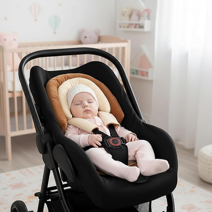 Baby Car Seat Head Body Support & Strap Covers, 2 in 1 Infant Car Seat Insert, Reversible Soft Breathable Newborn Cushion Pads for Preemie, Perfect for Baby Carseats, Strollers, Swings (Brown)