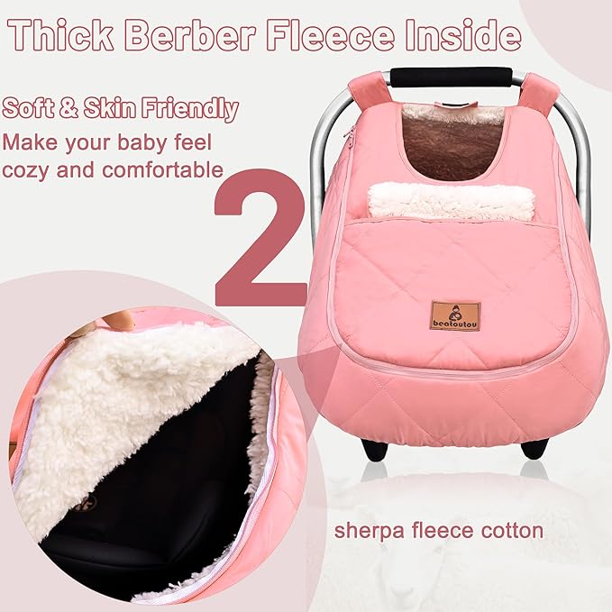 beatoutou Winter Baby Car Seat Cover, Waterproof Winter Infant Carseat Canopy for Girls, Cold Weather Warm Car Seat Covers for Babies, Keeps Babies Warm and Cozy (Pink)