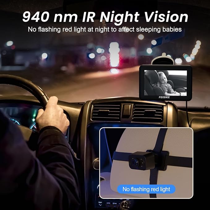 FEISIKE Baby Car Camera, 1080P Dual-Channel 5 inch Display Baby Car Mirror with 2 IR Night Vision Camera, Easily Install Car Camera for Baby with Crystal Clear Wide View for Rear Facing Seat