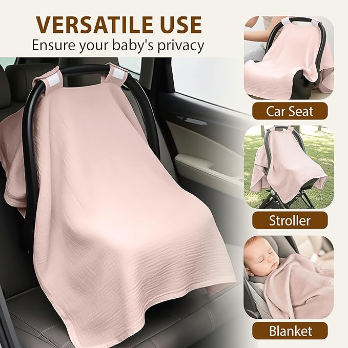 100% Organic Muslin Cotton Car Seat Cover 35 x 50 Inches Soft Touch Breathable Canopy, Protective Car Seat Cover Baby All Seasons Lightweight Car Seat Cover Travel Comfort (Pink)