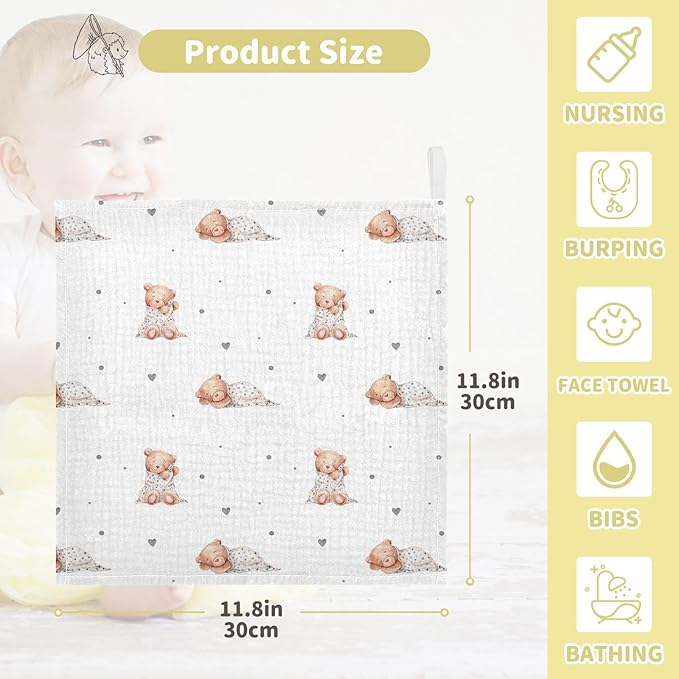 vvfelixl Baby Washcloths Cotton Cute Sleeping Teddy Bears Baby Muslin Washcloths Soft Baby Face Towel for Newborn Infants Baby Wipes, 11.8 X 11.8 inch, one sizex3