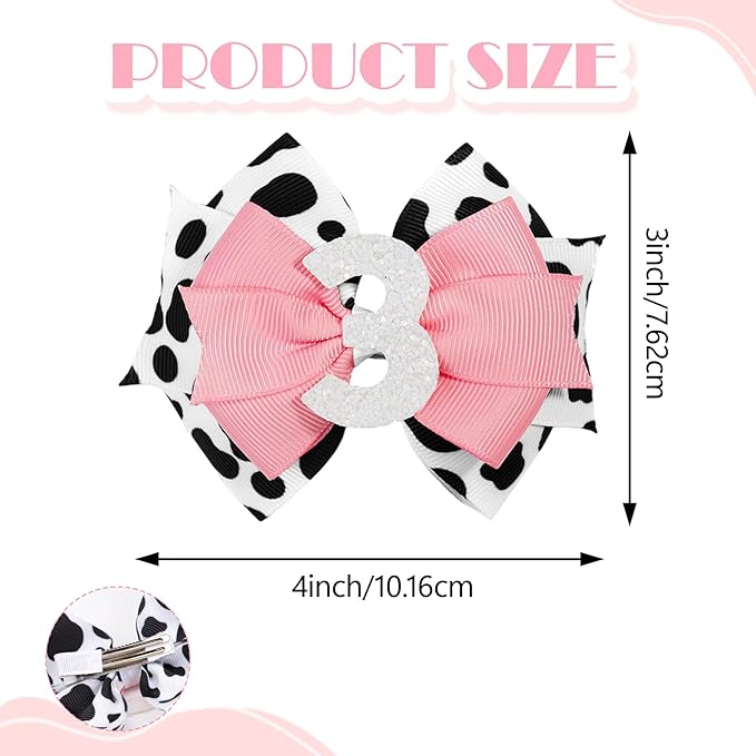 Cow Print Birthday Bow Hair Clip, Pink Farm Animal Theme 3 Year Old Hair Bow Clip Accessory for Toddler Girls Party Baby Shower Decor