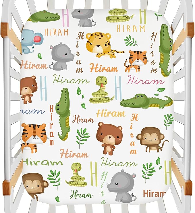 Personalized Mini Crib Fitted Sheet for Baby Boys Girls, Customized Name Multiuse Sheets for Pack & Play, Playard, Playpen, Mini Crib Mattress, Custom Pack and Play Sheets with Name, Cute Animal