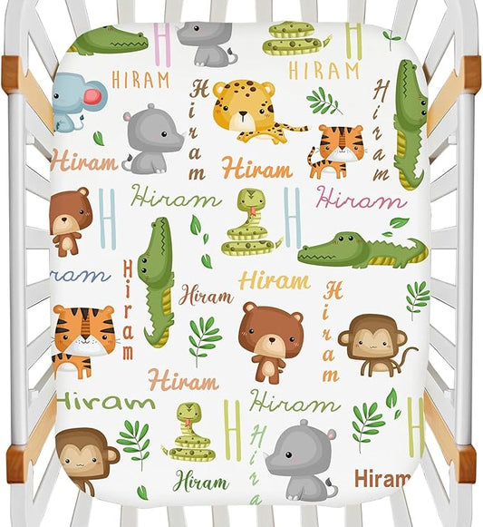 Personalized Mini Crib Fitted Sheet for Baby Boys Girls, Customized Name Multiuse Sheets for Pack & Play, Playard, Playpen, Mini Crib Mattress, Custom Pack and Play Sheets with Name, Cute Animal