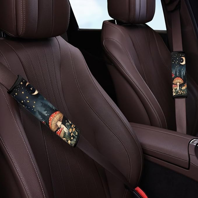 UNICEU Moon Star Mushroom Print Auto Seat Belt Pads 2 Piece Decoration Car Accessory Soft Universal Fit Automotive Shoulder Strap for Most Vehicle