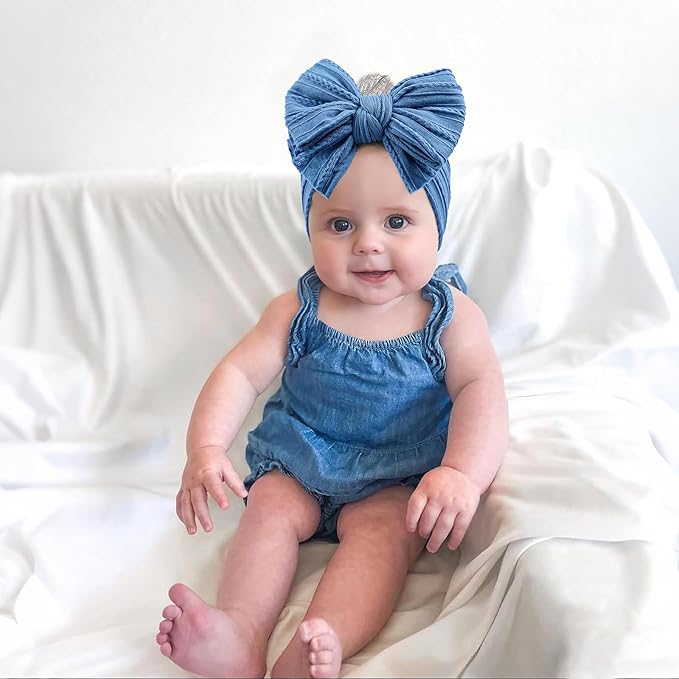 LemonSpace Handmade Baby Girls Headbands Soft Stretchy Nylon Hair Bands Hair Accessories with Bows for Newborn Baby Girls Infant Toddlers Kids(Blue color mix)