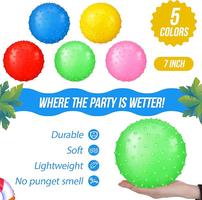 Jerify 7 Inch Large Kids Knobby Balls Bulk Spiky Bounce Inflatable Balls Plastic Soft Massage Sensory Stress Toy for Pool Beach School Play Outdoor Indoor Party Favors 5 Assorted Colors