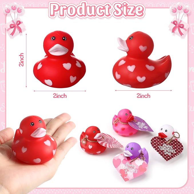Jerify 72 Pcs 2 Inch Valentines Rubber Ducks Bulk with Gift Cards Mini Heart Rubber Duckies Bath Toys Valentine's Day Gift for Kids Classroom Favors Prizes Exchange (Colorful)