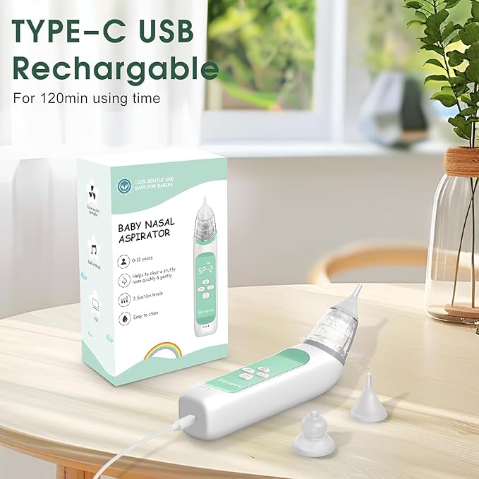 Electric Nose Suction for Baby,Baby Nose Aspirator with 3 Suction Levels and 3 Silicone Tips Fit 0-24 Months Infant ,Soothing Music & Light Distracts Help Toddler During Sick Days,Green.