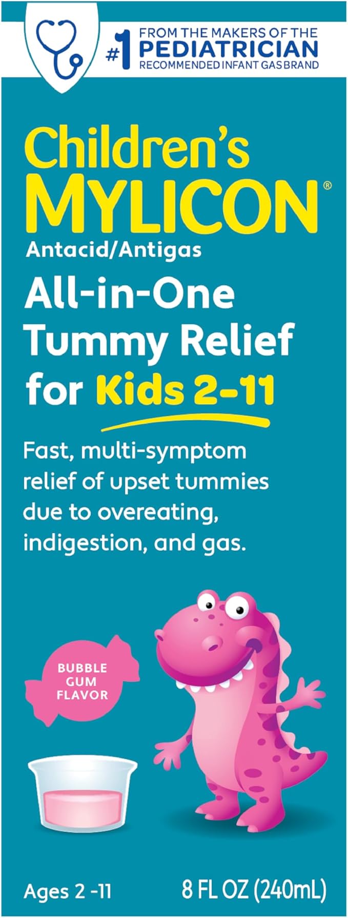 MYLICON Children's All-in-One Tummy Relief Liquid for Indigestion for Kids, Bubble Gum Flavor, 8oz