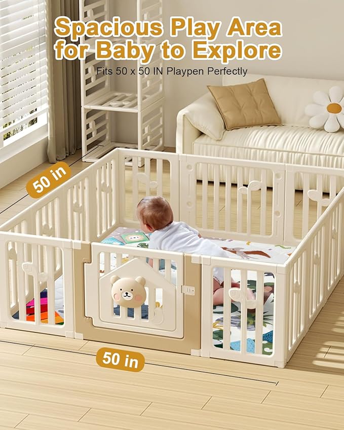 TINYHARBO Premium Foam Baby Play Mat 50x50, 4 Developmental Zones Play Mat with Removable & Machine Washable Cover, Extra Thick Padding Playpen Mat, Easy to Clean for Infants, Toddlers & Babies