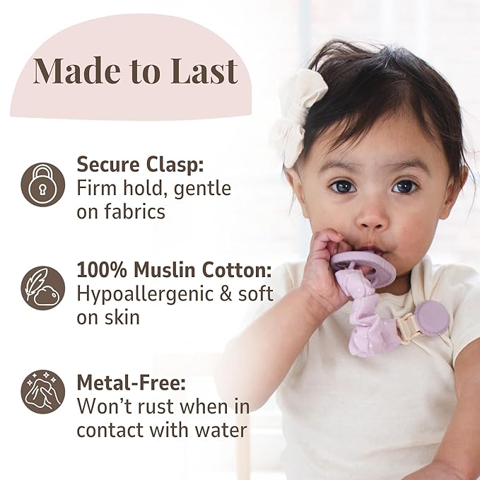 Muslin Cotton - Metal-Free Pacifier Clips, Lightweight and Secure Pacifier Holder for Babies (Mauve Muse) - Mila & Lulu
