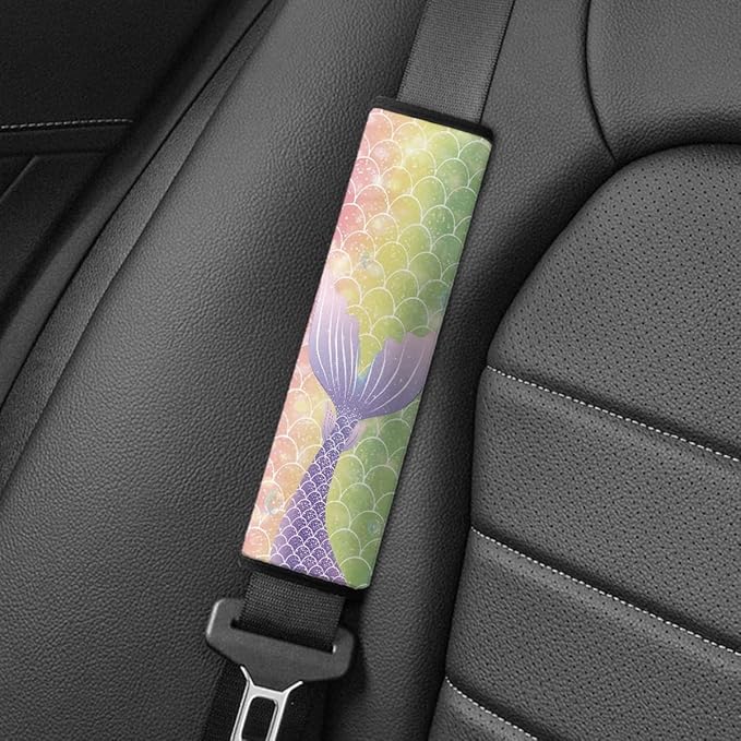 ENLACHIC Baby Car Seat Belt Cover, Cute Dinosaur Print Car Seat Shoulder Strap Pads, Infant Car Seat Cushion Safety Seatbelt Protector for Kids Boys Girls,Rainbow Mermaid Scale