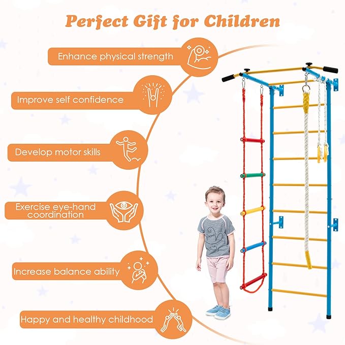 Costzon 5 in 1 Climbing Toys for Toddlers, Indoor Kids Gym for Exercise, Steel Ladder Wall Set with Wall Ladder, Pull-up Bar, Rope, Gymnastic Rings, Solid Wall Set up, Climber Ladder Boys Girls Gift