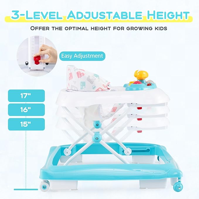 BABY JOY Baby Walker, 4 in 1 Foldable Activity Walker with Adjustable Height, Music, Lights, Anti-Rollover Toddler Push Walker, Baby Walker with Wheels for Boys Girls 7-14 Months (Light Blue)