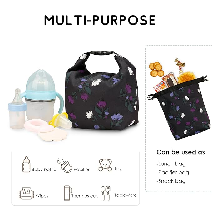 SONARIN Large Pacifier Bag with Buckle,Portable Waterproof Pacifier Holder Case Baby Dummy Case Soother Pod Lunch Bag Storage Bag for Holding Pacifiers Snacks Baby Bottles(Purple Flowers)