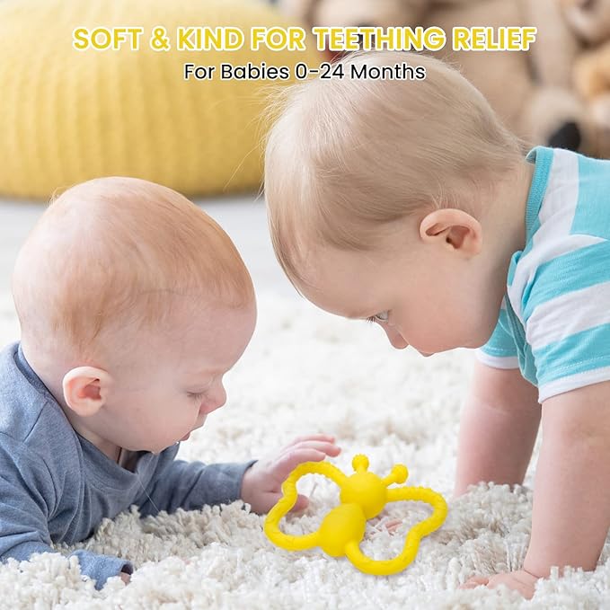 Baby Teething Toys, Butterfly Design Teether Pain Relief Toy for Newborn Babies, Freezer Safe Neutral Shower Gift, Soft Textured for Boy and Girl