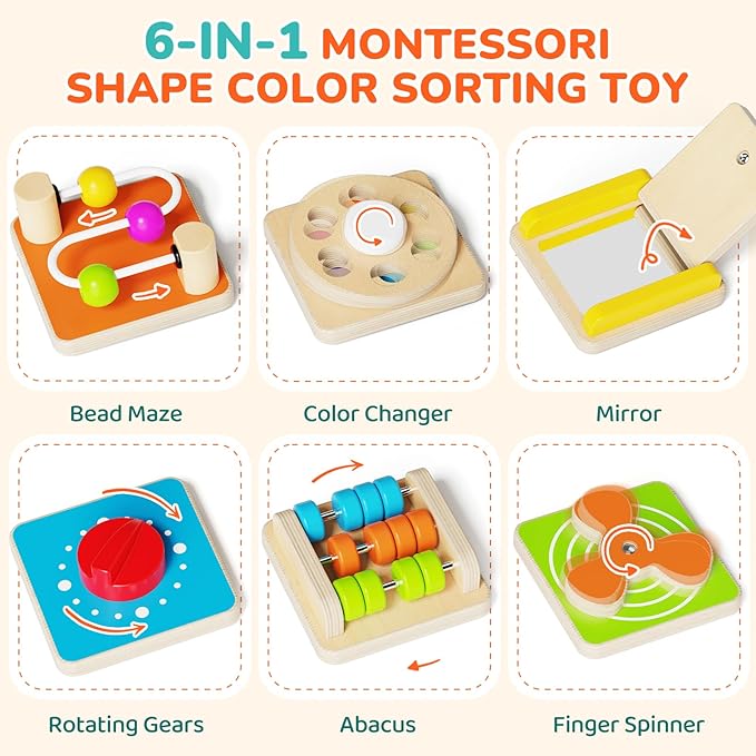 Montessori Busy Board for Toddlers 1-3, 6-in-1 Sensory Activity Cube, Fine Motor Skills Learning Toy with Bead Maze, Gears & Spinner, Quiet Travel Toy for 1 Year Old Boy and Girl Gifts