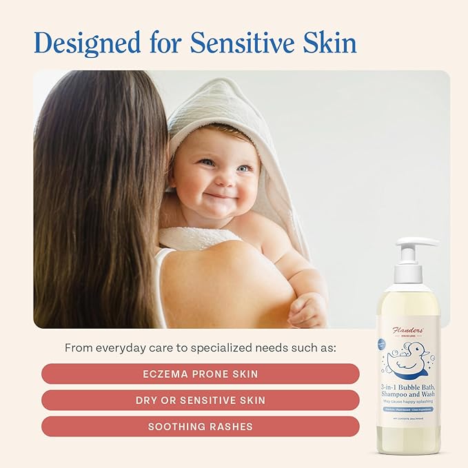 Flanders 3in1 Baby Bubble Bath, Shampoo & Body Wash 15oz Bottles with Pump | Tear-Free, Hypoallergenic Cleanser with Jojoba, Coconut & Argan Oil, Fragrance Free for Sensitive Skin, 2 Pack (30oz Total)