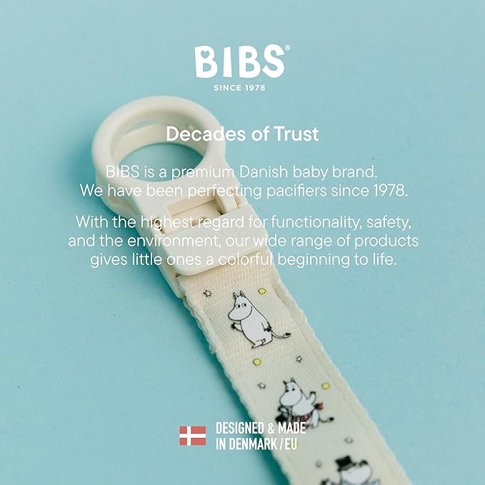BIBS x Moomins Loop Pacifier Clip - Sleek, Secure One-Handed Operation, Fits All BIBS, Machine Washable, Slim Profile for Comfort, Ages 0+ - Ivory