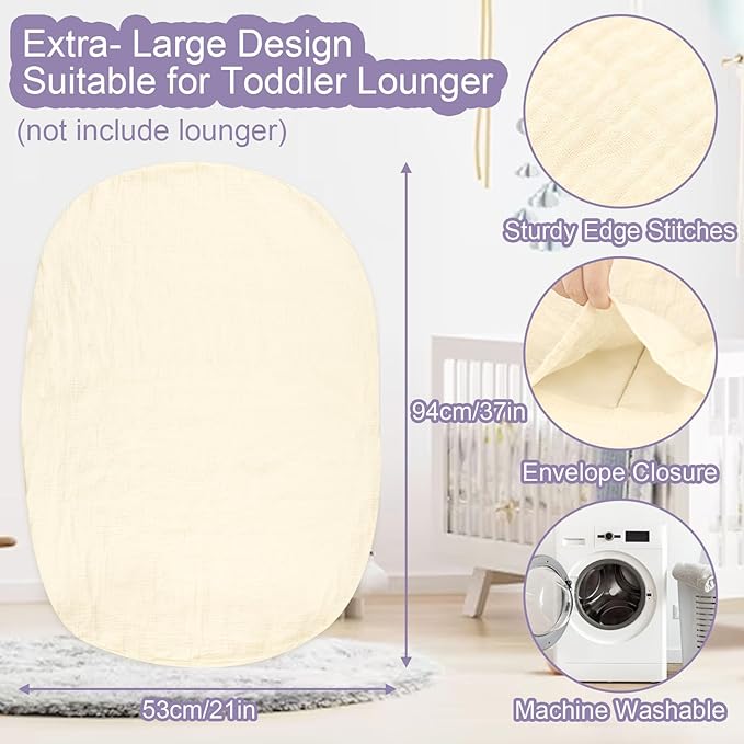 Hooyax Muslin Lounger Cover, Organic Cotton Removable Slipcover for Toddler & Infant, Padded Lounger Floor Seat Cover for Boys & Girls, Large Size 37 x 21 Inch, Beige