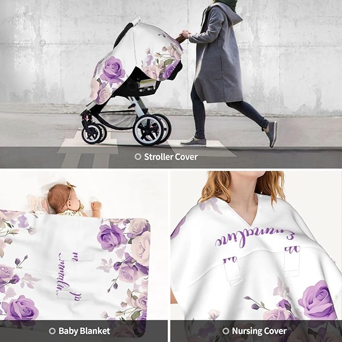 Custom Baby Name Nursing Cover Purple Floral – Personalized Car Seat Canopy, Stroller Cover, Baby Minky Blanket, Privacy Breastfeeding Cover, Soft Breathable Infant Shower Gift